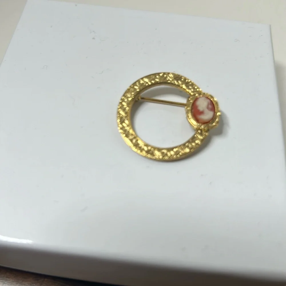 Gold tone vintage textured brooch pink lady cameo